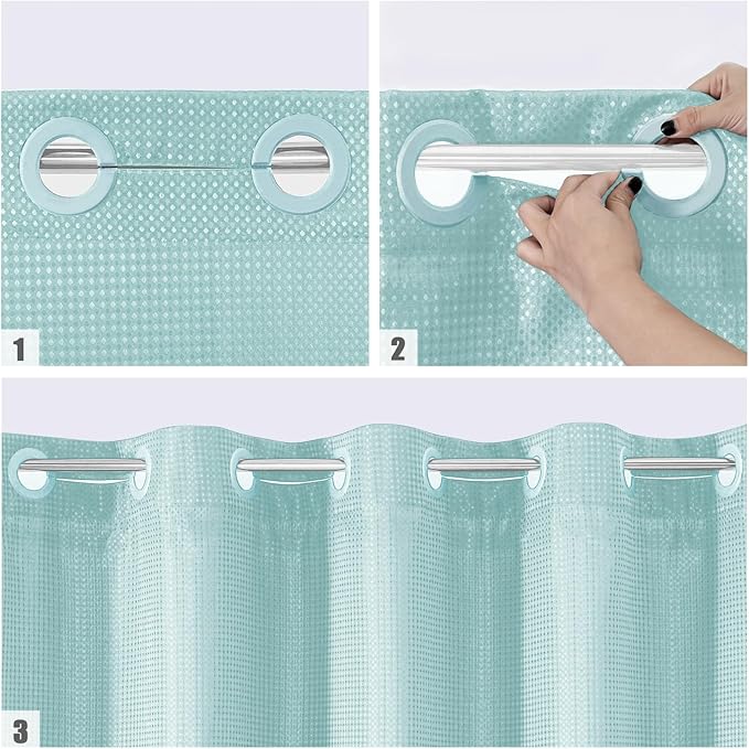 MitoVilla No Hooks Needed Turquoise Extra Long Shower Curtain Liner Set, Teal 86 inch XL Heavyweight Waffle Fabric Cloth Shower Curtains Set with Snap-in Liner for Modern Luxury Hotel Bathroom Decor