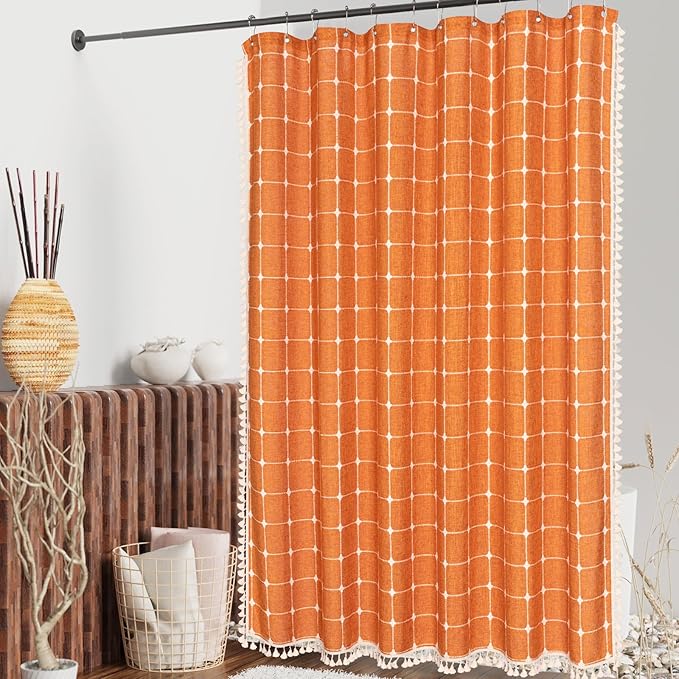 MitoVilla Orange Boho Extra Long Shower Curtain 72 x 84, Modern Farmhouse 84 inch XL Polyester Linen Texture Tassel Fabric Shower Curtain Set with Hooks for Cottagecore Country Bathroom Decor