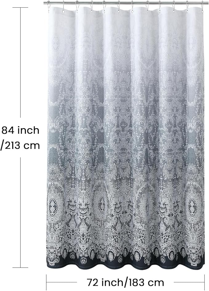 Extra Long Shower Curtain - Chantilly Lace Design, Heavyweight Polyester, Dark Gray to White Ombre, 72" W x 84" H