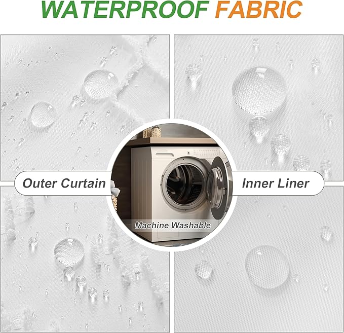 Extra Long No Hooks Shower Curtains, 98 Inches Long Boho Tufted Chevron Striped Fabric Shower Curtain for Bathroom with Snap in Liner, White Water Resistant Cloth Shower Curtain Set