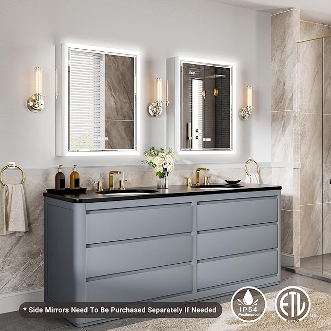 20x26 Lighted Medicine Cabinet with Beveled Mirror & Clock, Surface or Recessed Mirrored Medicine Cabinet with Dimmable Light Anti-fog, Built-in Sensing Light & Outlet, Soft-Close Right Hinge