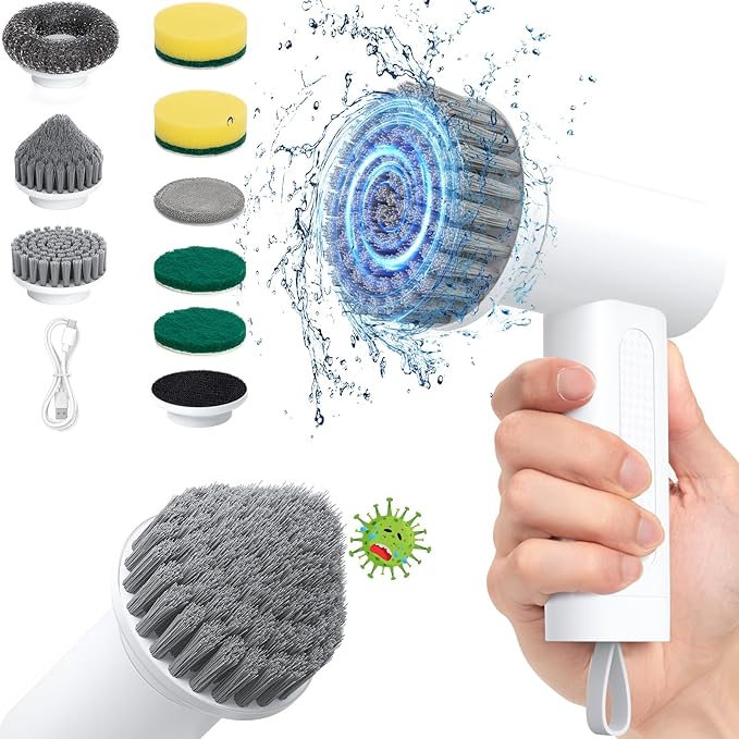 Electric Spin Scrubber, 3000 mAh Cordless Power With 8 Replaceable Heads, Dual Speed Lightweight Handheld for Cleaning Stove/Bowl/Sink/Corner/Tile/Grout (White)
