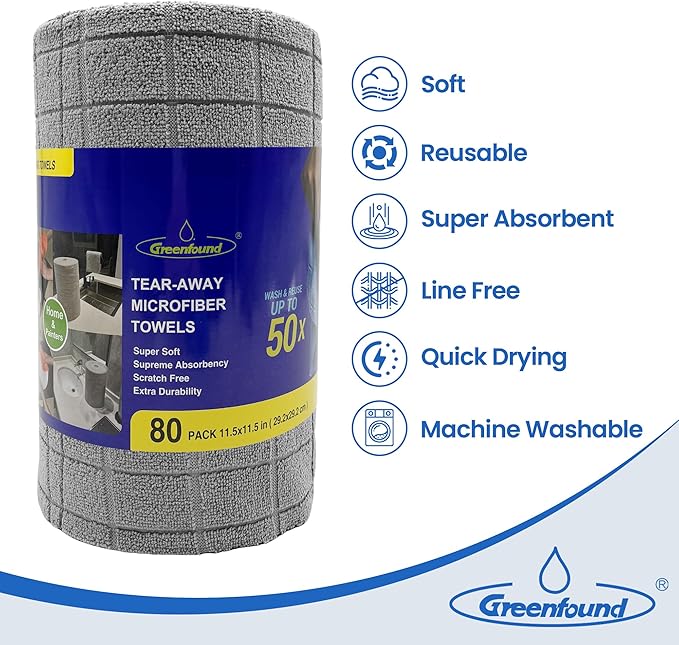 Greenfound Microfiber Cleaning Cloth Roll -80 Pack,Tear Away Towels for Car,Reusable Paper Towels Washable,Super Absorbent,Lint Free Cleaning Rags for House,Kitchen,Window-11.5"×11.5"(Check Grey)