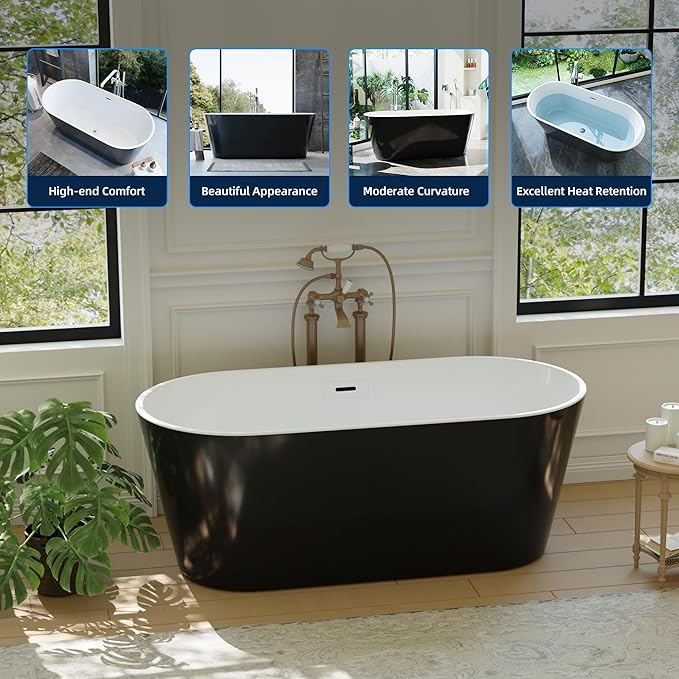 67'' Freestanding Bathtub, Deep Soaking Tub with Non-Slip Base, Acrylic, cUPC Certified Free Standing Tub, Chrome Drain Bath Tub, Modern Tub for Bathrooms, Black