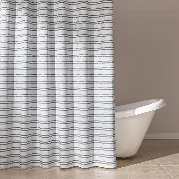 Amazon Basics Geometric Jacquard Fabric Shower Curtain for Bathroom, Lightweight, Waterproof and Washable, 72" W x 80" L, Grey Striped