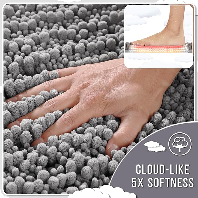 Yimobra Bathroom Rugs Non Slip Washable - Ultra Soft Absorbent Chenille Bath Mat, Quick Dry Shaggy Floor Carpet for Tub Shower, Gray Home Decor Accessories, 24x17 Inch