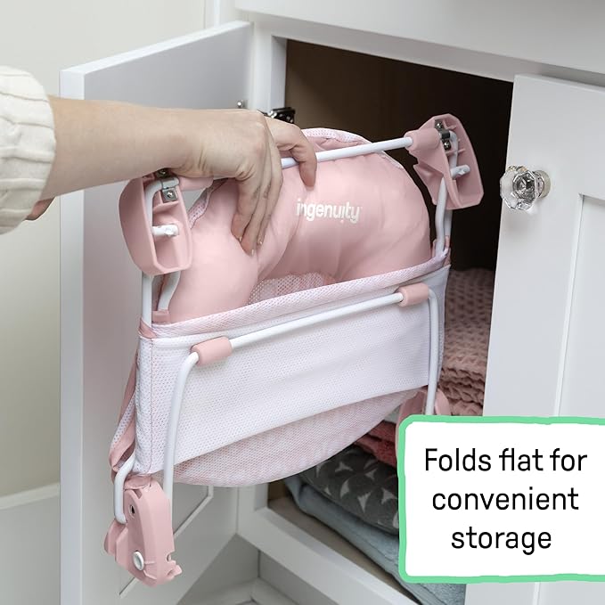 Ingenuity Foldaway 2-Position Bather, 2-Position Adjustable Support Baby Bath seat for Sink or Bathtub, Ages 0-6 Months, up to 20 pounds, Pink