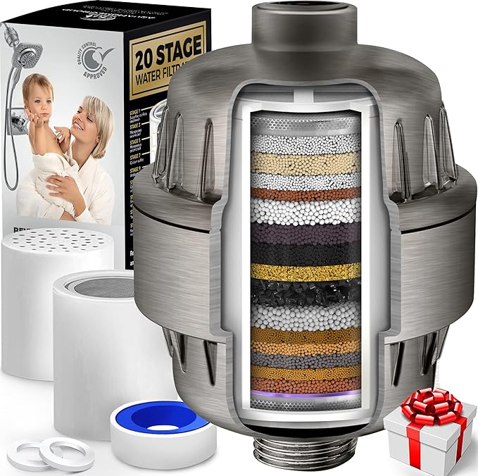 AquaHomeGroup 20 Stage Shower Head Filter with Vitamin C E A for Hard Water - High Output Filter to Remove Chlorine and Fluoride - 2 Replacement Cartridges - Consistent Flow Showerhead Filter