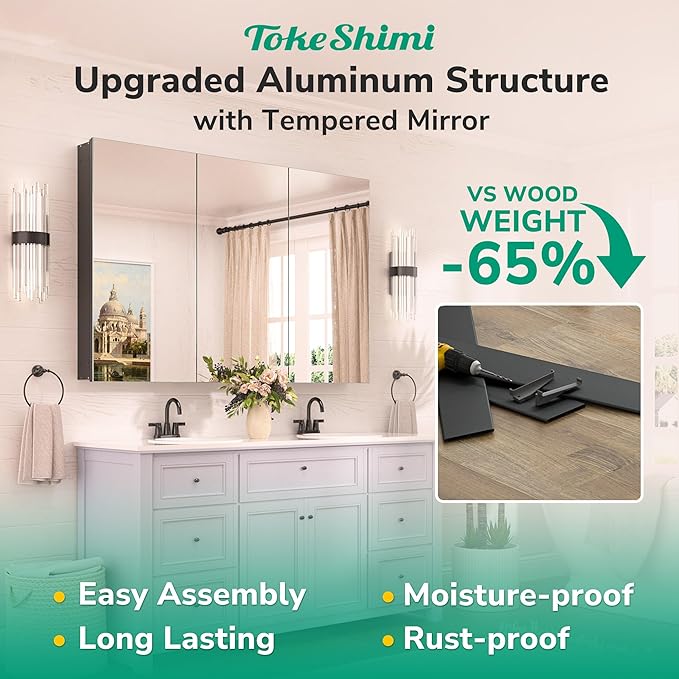 TokeShimi 40 x 32 Mirrored Medicine Cabinet Recessed or Wall Mounted, Aluminum Tempered Black Bathroom Medicine Cabinet with Mirror with Adjustable Storage Metal for Modern Farmhouse