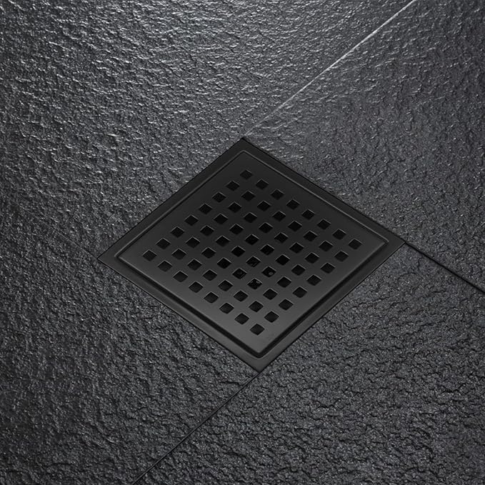 6 Inch Square Shower Drain with Flange, Removeable Grate SUS 304 Stainless Steel Shower Drain with Hair Catcher (Matte Black, 6 Inch)