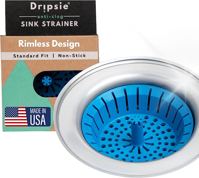 Kitchen Sink Strainer 3.25" - Dripsie Anti-Clog Food Catcher, Flexible Drain Basket, Dishwasher Safe, Standard Fit, Made in USA(1-Pack Blue)