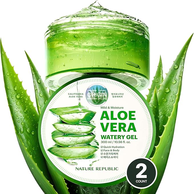 Nature Republic MILD & MOISTURE ALOE VERA WATERY GEL (2 PCS) Quick Hydration & fast absorbing non-sticky texture, Aftersun & Aftershave, Moisturizing Face Skin & Hair,korean skin care All Skin Types