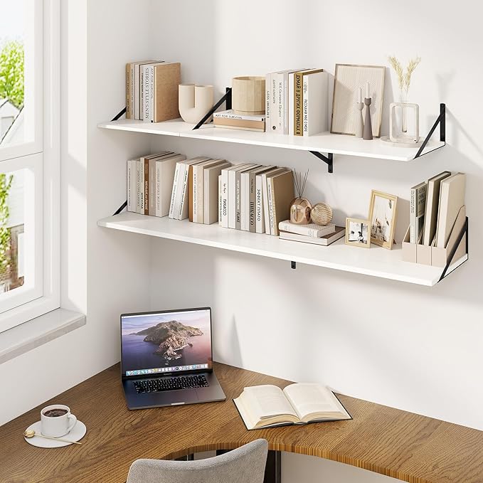 Fun Memories Floating Shelves for Wall, 12 Inch Deep Floating Shelves Set of 2, 16W x 12D Large Wall Shelf with Sturdy Metal Brackets for Living Room, Bathroom, Bedroom and Kitchen, White