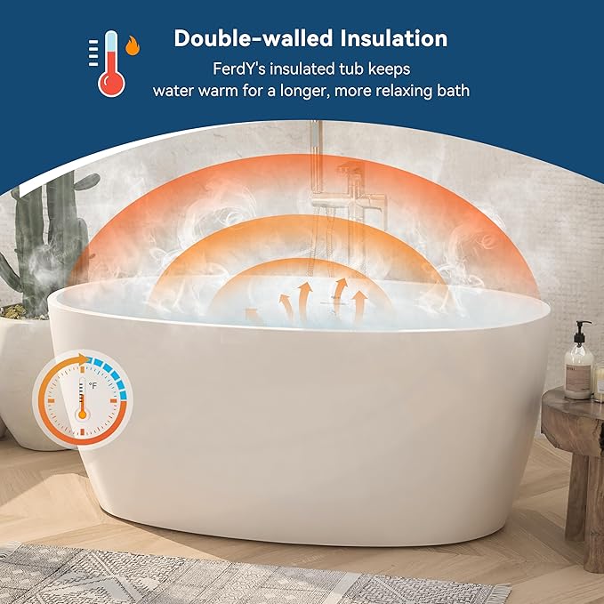 FerdY Tahiti 55" Acrylic Freestanding Bathtub, Elegant Oval Shape Soaking Bathtub, Glossy White, Polished Gold Drain & Integrated Slotted Overflow Assembly Included cUPC Certified