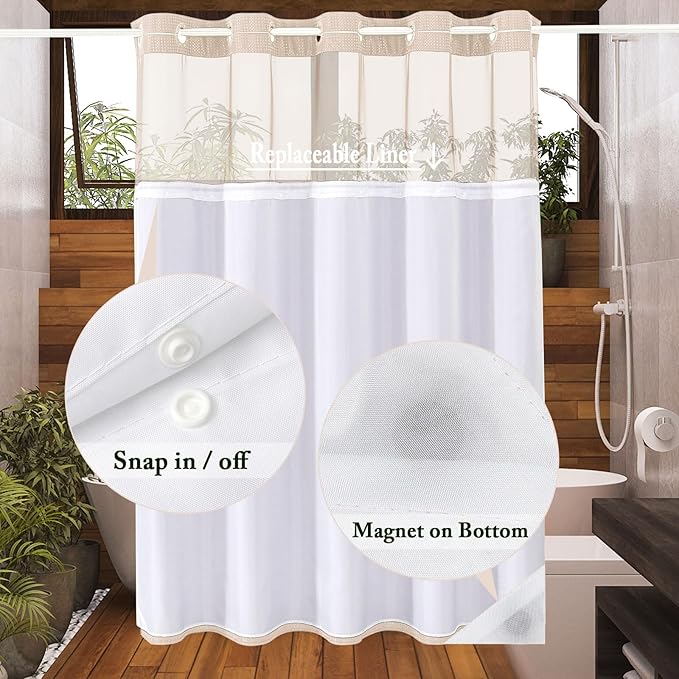 Gibelle Long Shower Curtain 72x80, Waffle Weave Bathroom Shower Curtain with Snap-in Fabric Liner Set, No Hooks Needed, Hotel Style with Mesh Top Window, Blush Pink