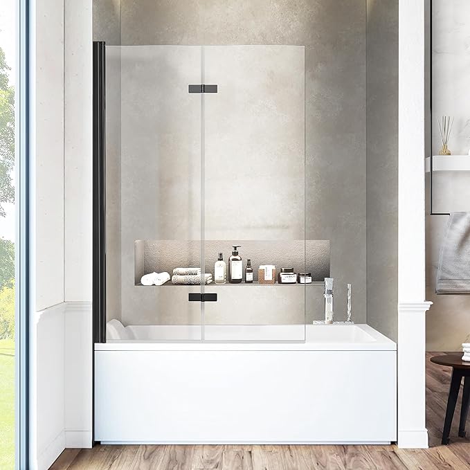 Bathtub Folding Shower Glass Door, 36" W*55" H Pivot H-Type Frameless Tub Shower Door, Clear Tempered Glass Shower Screen Panel for Bathroom, Matte Black