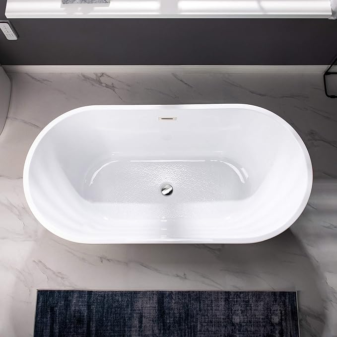 WOODBRIDGE Acrylic Freestanding Bathtub Contemporary Soaking Tub Overflow and Drain, BTA1514-C,White, 59" Chrome