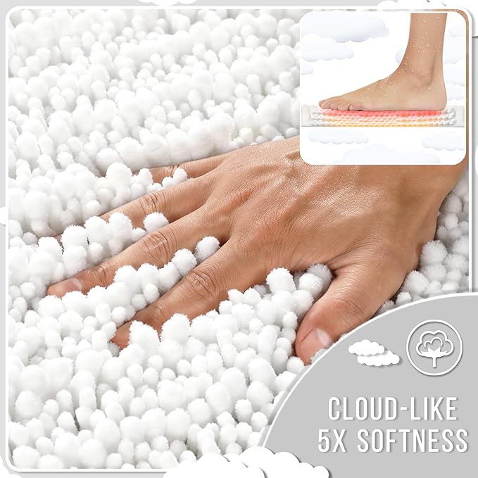 Yimobra Bathroom Rugs Non Slip Washable - Ultra Soft Absorbent Chenille Bath Mat, Quick Dry Shaggy Floor Carpet for Tub Shower, White Home Decor Accessories, 24x17 Inch