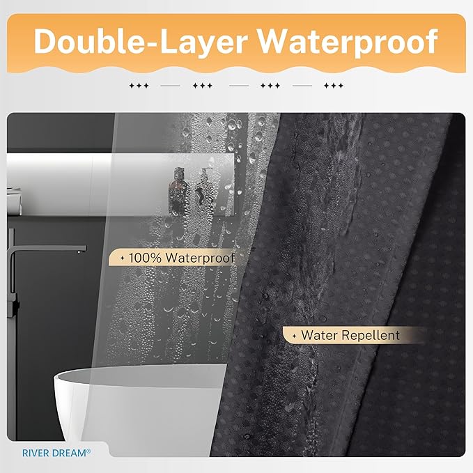 River Dream 3 in 1 Shower Curtain Set, Waffle Fabric Shower Curtain and Waterproof Clear Liner Set with Double Sided Metal Hooks, Black, 72" W*72" H