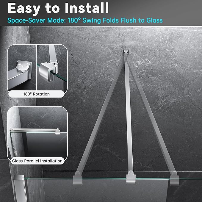 Frameless Shower Door Support Bar, Stainless Steel Wall-to-Glass Support Arm to Fixed Shower Glass Panel, for 1/4"-3/8" (6-10 mm) Door, 180° Pivot & Stow-Flat Mode (Brushed Nickel, 35.4-inch(900mm))