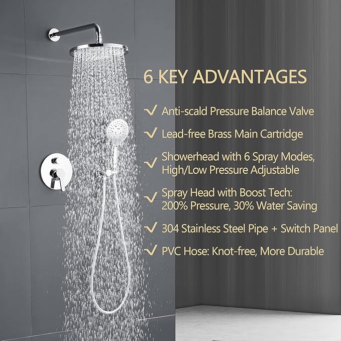 Polished Chrome Shower Faucet Set, Wall Mount Rain Shower System 10 Inches Shower Head with Handheld Set, Included Rough-in Valve and Trim Kit