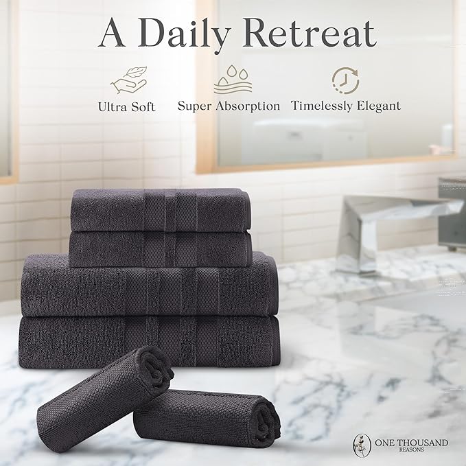 Premium Staple Cotton Bathroom Towel Set - Dark Gray 600 GSM 6-Piece Luxury Bath Towel Set 3 Stripe - 2 Bath Towels, 2 Hand Towels & 2 Washclothes Set - High Absorbent & Quick Dry for Gym, Spa, Hotel