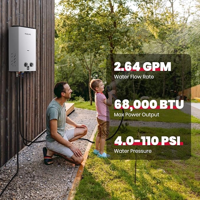 GASLAND Goshower 2.64GPM Outdoor Propane Tankless Water Heater 10L, Compact Portable Hot Water heater with Pump & Pipe Strainer for Off Grid, Portable Camping Water Heater, 68,000 BTU, G10 Pro