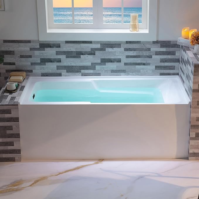 WOODBRIDGE 60" Acrylic Rectangular Alcove Soaking Bathtub in White with Left Drain, Matte Black pop-UP Drain Included BA6030L