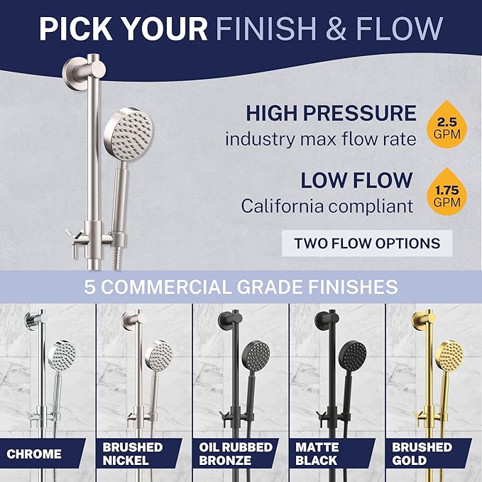 HammerHead Showers® SOLID METAL 27.5 Inch Shower Slide Bar Set and Handheld Shower Head with Hose — BRUSHED NICKEL — 1.75 GPM Low Flow Spray Wand — Easily Adjust Height & Angle of Handshower