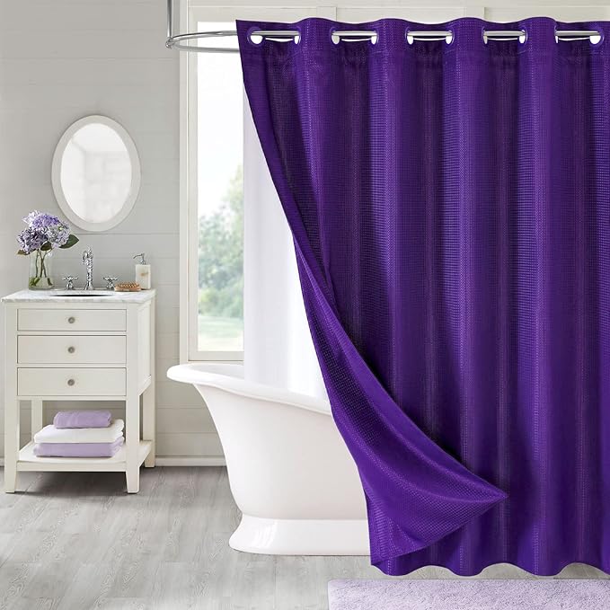 MitoVilla No Hooks Required Purple Waffle Shower Curtain Liner Set, Modern Heavyweight Fabric Shower Curtain Set with Snap-in Liner for Hotel Grade Spa-Like Bathroom Decor, Lavender, 72 x 74