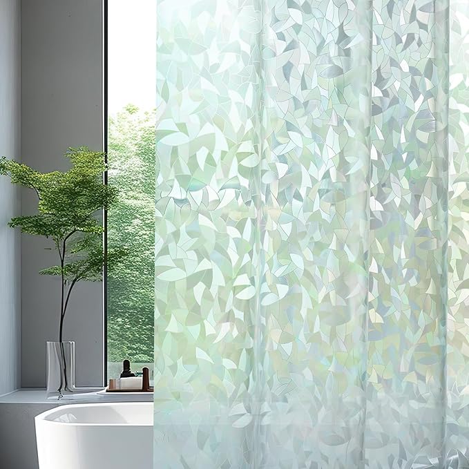 AooHome Long Shower Curtain Liner - EVA 3D Decals Stained Glass Pattern Design Bathroom Shower Curtain with Hooks, 5 Bottom Magnets, Heavy Duty, Water Repellent, Semi Transparent, 72x78 Inch