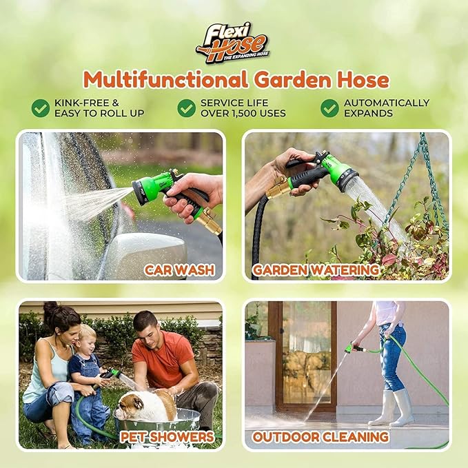 Flexi Hose PLUS with 8 Function Nozzle Expandable Garden Hose, Lightweight & No-Kink Flexible Garden Hose, 3/4 inch Solid Brass Fittings and Double Latex Core, 75 ft Black