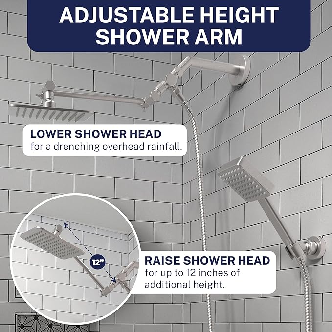 HammerHead® Solid Metal Dual Shower Head Combo — 8" Square Rain Shower Head with Handheld, 12" Adjustable Arm & Wall-Mount Holder for Flexible Installation — Brushed Nickel