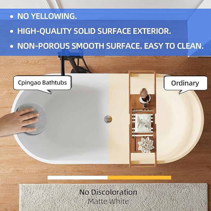 Cpingao 67" Solid Surface Freestanding Bathtub, Modern Oval Stone Resin Stand Alone Soaking Tub with Drain & Overflow, Matte White 8816-1700