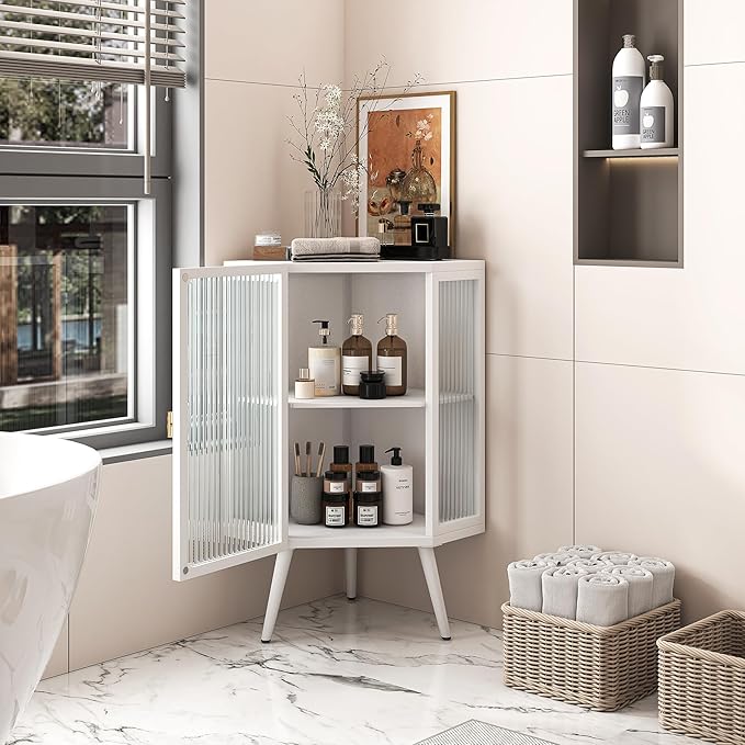 Corner Storage Cabinet with Glass Door, 31" & 43" Freestanding Triangle Floor Cabinet Modern Display Organizer Medicine Cabinets for Bathroom Living Room Bedroom (White, 31')