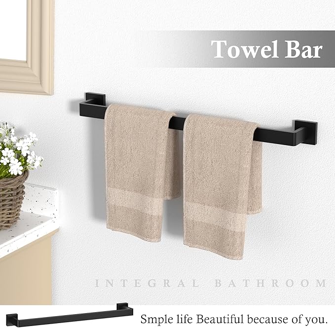5-Pieces Matte Black Bathroom Accessories Set, 23.6 Inch Bath Towel Bar Set, SUS 304 Stainless Steel Bathroom Hardware Set, Towel Racks for Bathroom Wall Mounted.