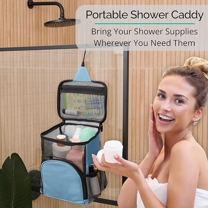 College Dorm Room Essentials for Girls - Shower Caddy Dorm - Original, Portable, Durable, Roomy, Foldable Water Resistant Shower Bag in Light Pink with Metal Hook for Hanging (Light Blue)