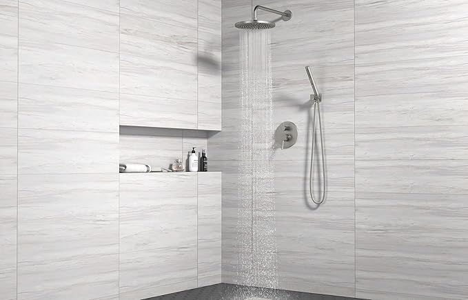 Lava Odoro Modern 2-Setting Round Rain Shower System, Brushed Nickel Rainfall Shower Faucet Set Rain Shower Head and Handle Set, Shower Valve Trim Kit,10 Inch, Brushed Stainless, SF104-BN