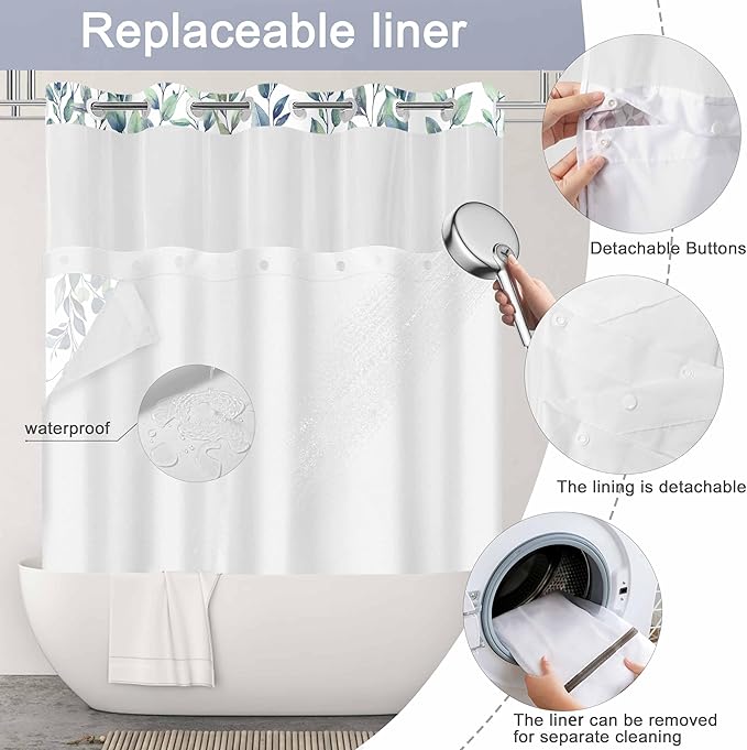 No Hook Shower Curtain and Liner Set, Green Eucalyptus Floral Shower Curtains for Bathroom, Bath Curtain Sets with Snap in Liner, Waterproof with See Through Top Window, 71x74 Inches