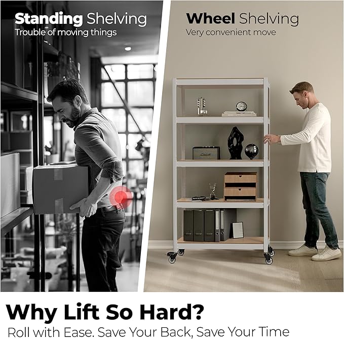 HOMEDANT House 48.1" 5-Tier Metal Rolling Cart Shelf Rack Casters Heavy Duty Laminated Wheel Shelving Unit Adjustable Utility Storage Shelves Shelf Kitchen Garage White 1Pack