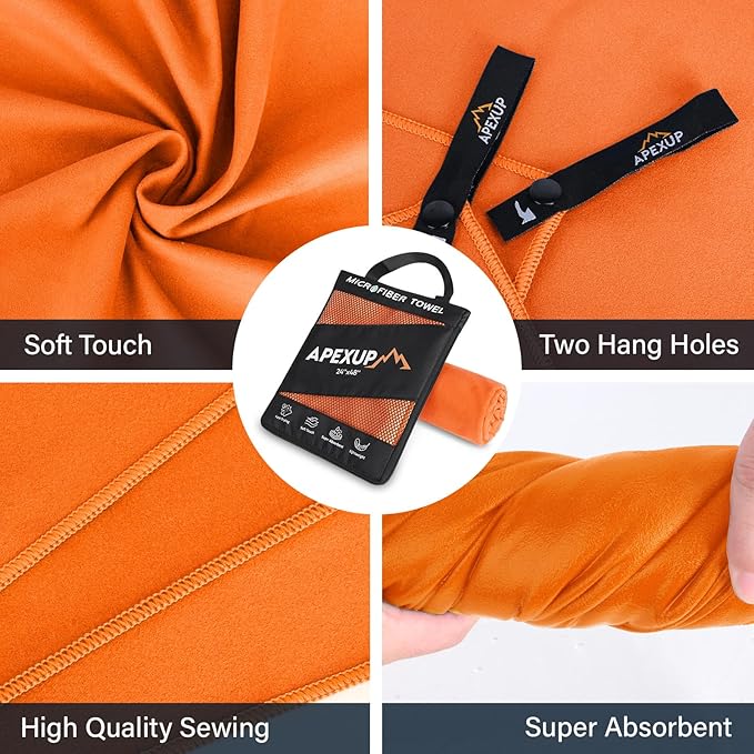 APEXUP Microfiber Travel Towel, Ultra Absorbent Quick Dry Towels, Lightweight Gym Sports Camping Towel for Workout, Yoga, Beach, Shower, Swimming (60"×30", Orange)