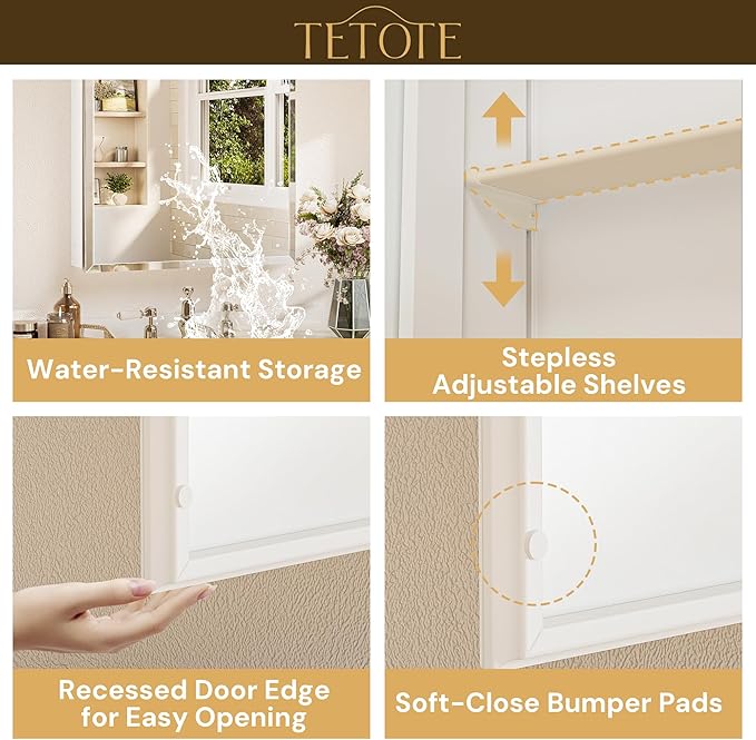 TETOTE 36 x 24 Medicine Cabinet with Tempered Beveled Mirror White Medicine Cabinet Mirror Aluminum Cabinet DTC Hinges, Stepless Adjustable Shelves, Recessed/Surface-Mounted