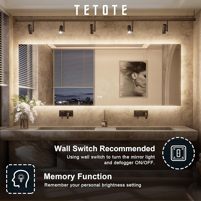 TETOTE 96 x 36 Inch LED Backlit Bathroom Mirror with Lights,3Color White/Warm/Natural,Anti-Fog Lighted Mirror,Dimmable,Vanity Mirror,Wall Mounted