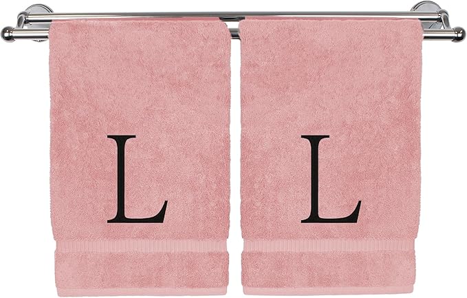 Monogrammed Hand Towel, Personalized Initial Gift, Extra Absorbent 100% Turkish Cotton - Soft Terry Finish - Set of 2 - Black Block Initial L - Embroidered on Pink Towels