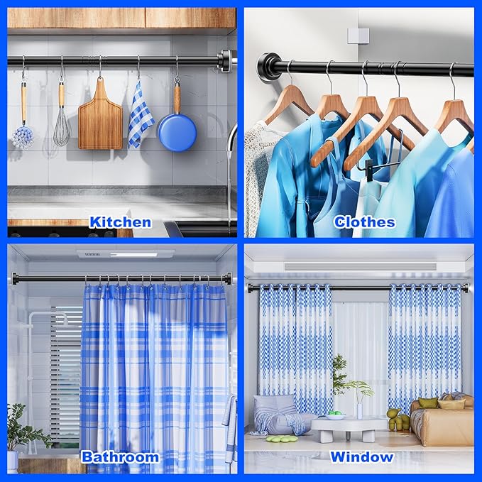 Ausemku Shower Curtain Rod Tension - 26-76 Inch Never Rust Non-Slip Spring Tension Curtain Rod No Drilling Stainless Steel Curtain Rod Use Bathroom Kitchen（Black）