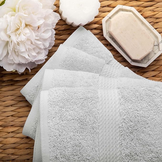 Superior Egyptian Cotton Pile Hand Towel Set of 4, Ultra Soft Luxury Towels, Thick Plush Essentials, Absorbent Heavyweight, Guest Bath, Hotel, Spa, Home Bathroom, Shower Basics, Silver