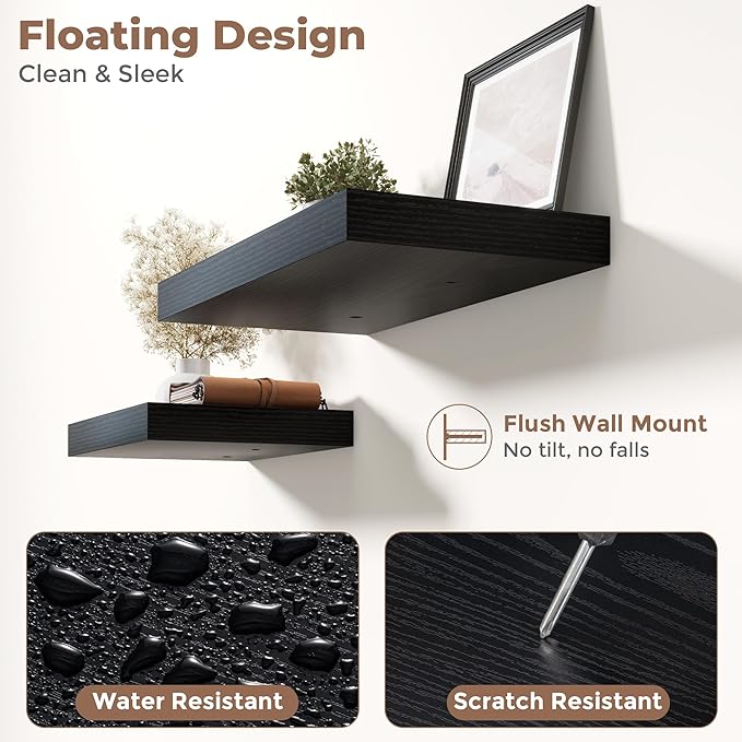 48 Inch Long Floating Shelves for Wall Set of 2, 12"D Wood Grain Bathroom Shelves with Invisible Brackets, Easy Install Engineered Wood Storage Shelves for Kitchen, Living Room, Bedroom, Black Finish