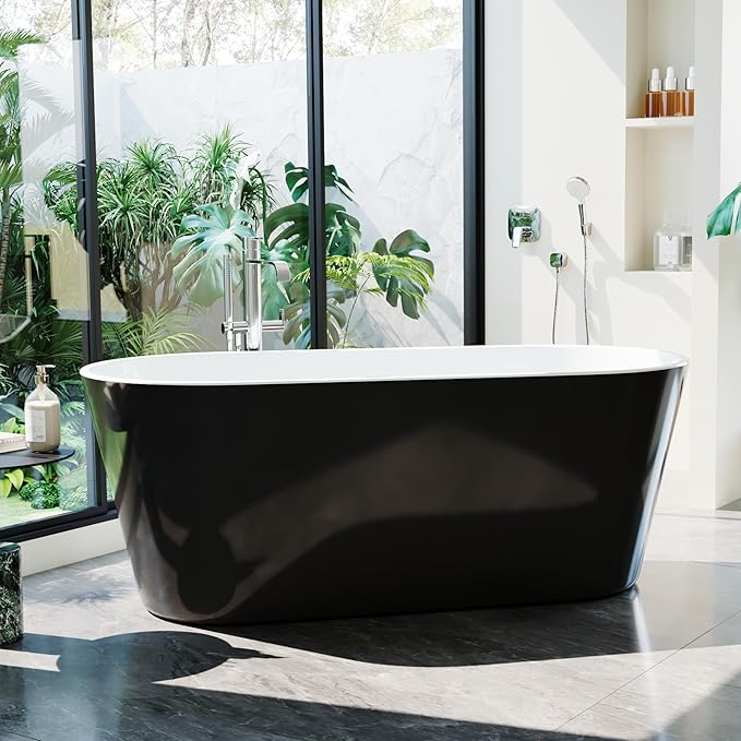 67'' Freestanding Bathtub, Deep Soaking Tub with Non-Slip Base, Acrylic, cUPC Certified Free Standing Tub, Chrome Drain Bath Tub, Modern Tub for Bathrooms, Black