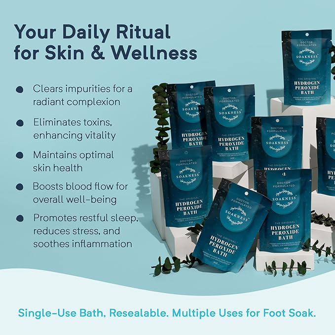 Hydrogen Peroxide Epsom Salt Bath Soak - USA-Made – Patented Bath Salts, Muscle Recovery, & Skin Detoxification – Magnesium Salts for Bathing - Doctor Formulated Pure Epsom Salt (12-Pack)