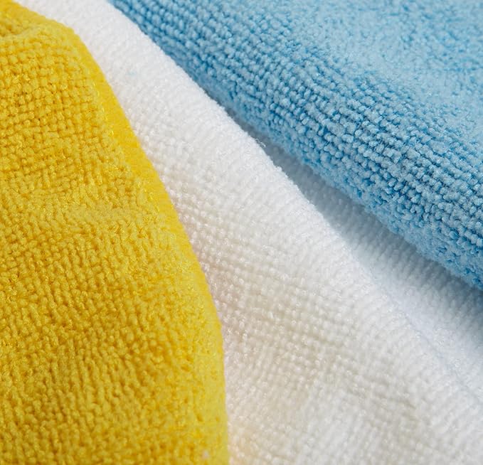 Amazon Basics Microfiber Cleaning Cloths for Cars, Non-Abrasive, Highly Absorbent, Lint and Scratch-Free, Reusable and Washable, 16" x 12", Blue/White/Yellow, 144-Pack